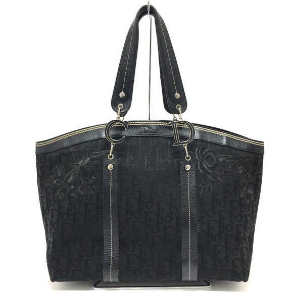 Christian CHRISTIAN DIOR Flower embroidery bag shawl Tote Bag Black - Picture 1 of 10